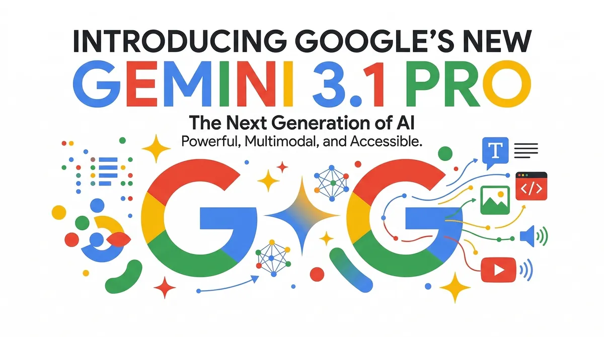 A clean, Google-branded blog cover image featuring the text 'INTRODUCING GOOGLE'S NEW GEMINI 3.1 PRO' in signature blue, red, yellow, and green colors. Below the title, it reads 'The Next Generation of AI: Powerful, Multimodal, and Accessible.' The design includes two large stylized 'G' logos surrounded by colorful abstract shapes and icons representing code, video, and audio.