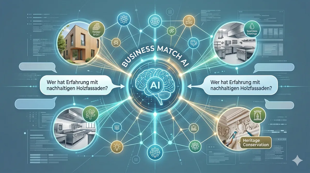 A futuristic infographic visualizing an AI brain intelligently connecting user queries to diverse business competency nodes like timber construction, commercial kitchens, and heritage restoration.